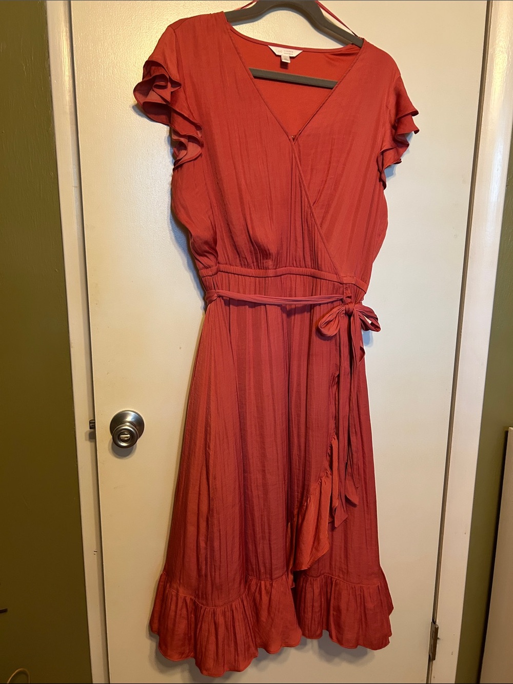 LC Lauren Conrad Rust Wrap Midi Dress with Ruffle Trim